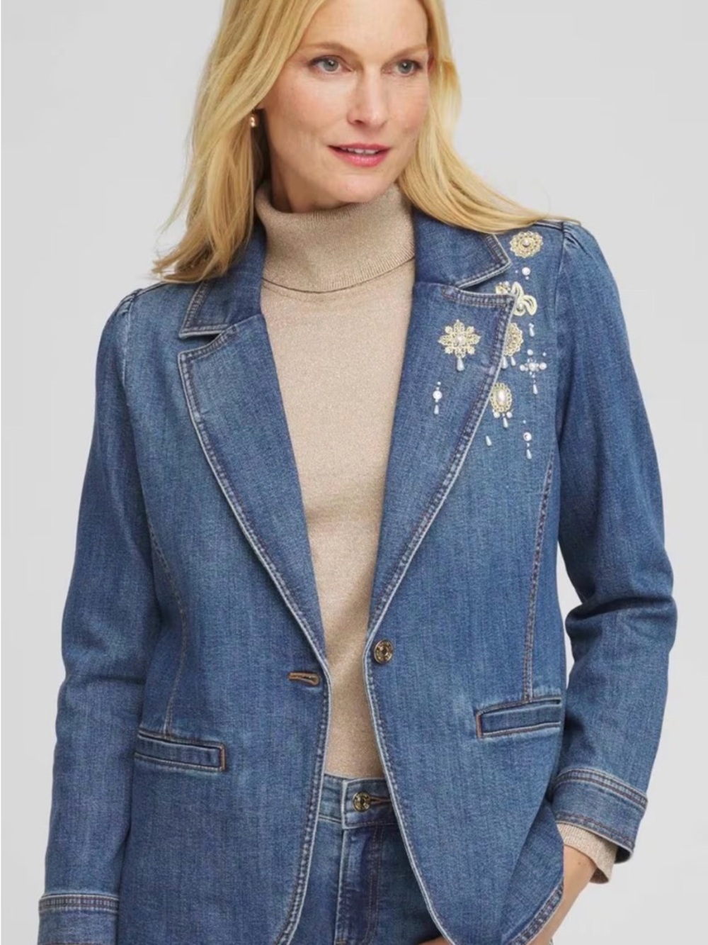 Chico's Embellished Brooch Pearl and Gold Denim Kiruna Indigo Blazer
